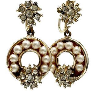 Vintage Screw-Back Pearl & Rhinestone Gold Tone Circle Drop Earrings